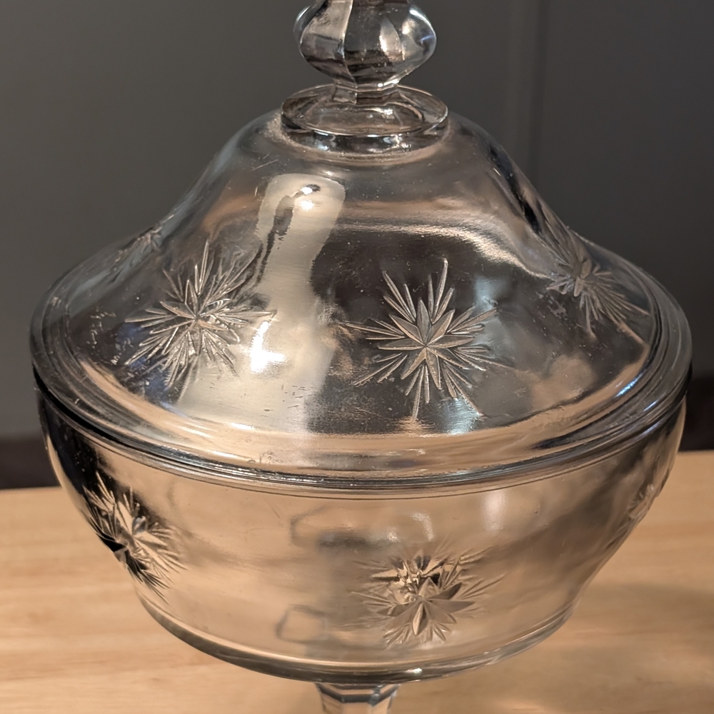 Clear Glass Compote with Starburst Etching - Elegant Home Dining Accent - Picture 5 of 10